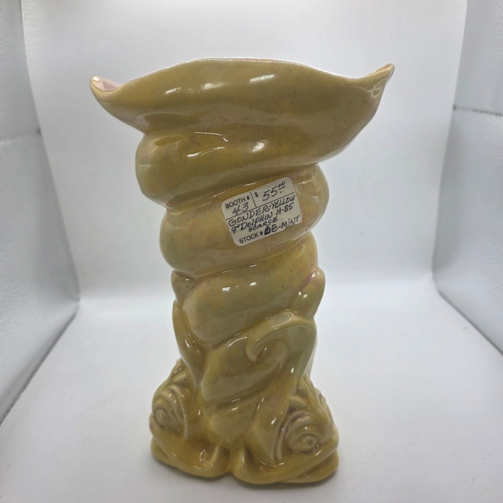 Gonder H-85 Tri Dolphin Vase 9" Yellow Pink Art Pottery USA Mid Century